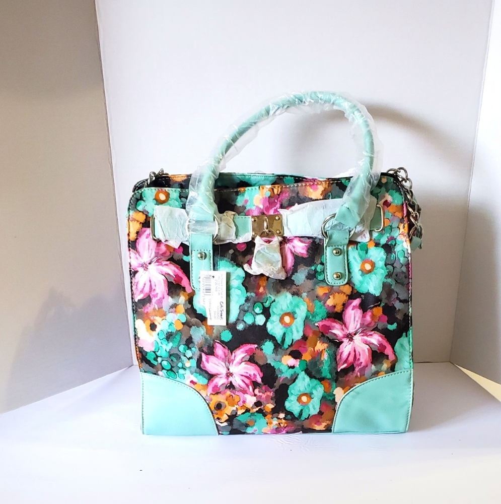 CITITRENDS TURQUOISE FLORAL TOTE‎ WITH STRAPS..SZ L
